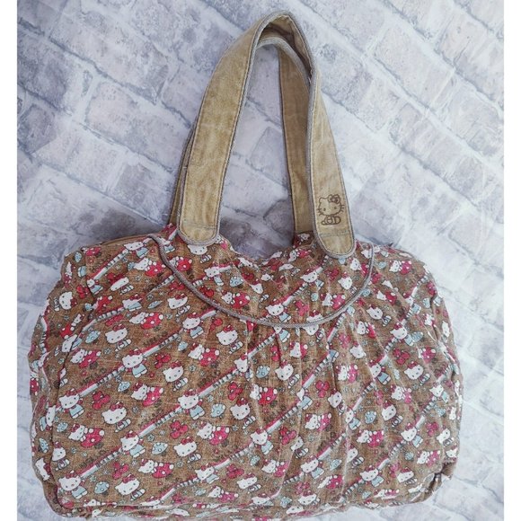 Y2K HTF Loungefly Hello Kitty Mushroom Duffel Weekender Bag Brown Red White - Picture 2 of 12